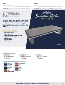 PT2001 Bariatric Hi-Lo Mat Table Data Sheet